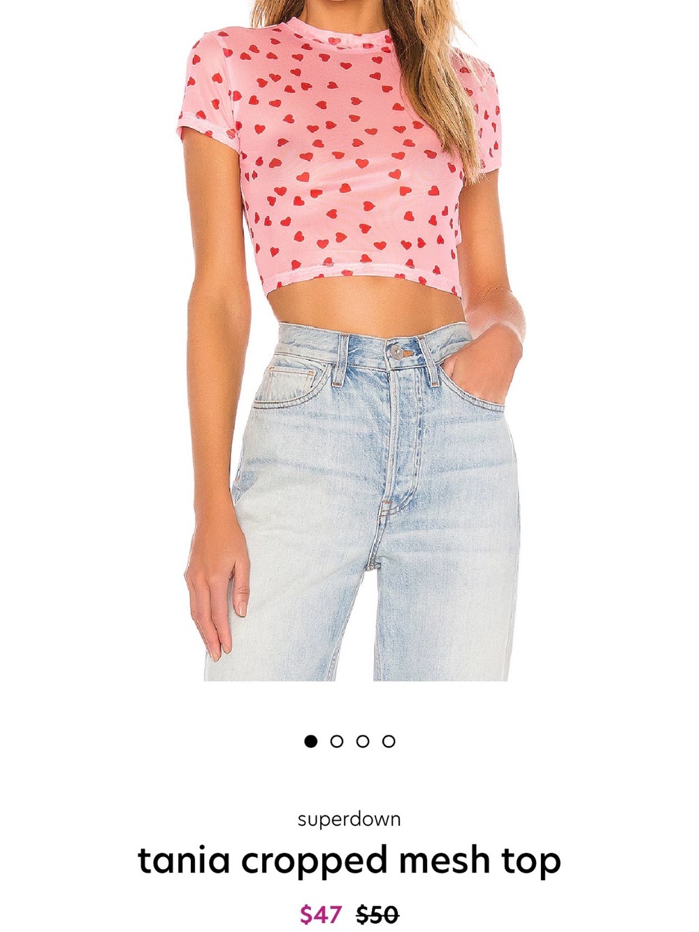 superdown Pink Mesh Crop Top with Red Heart Print